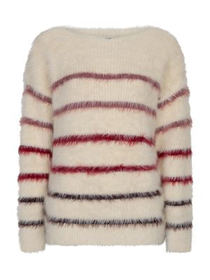 Red Button fuzzy sweater stripe Creme/Burgundy
